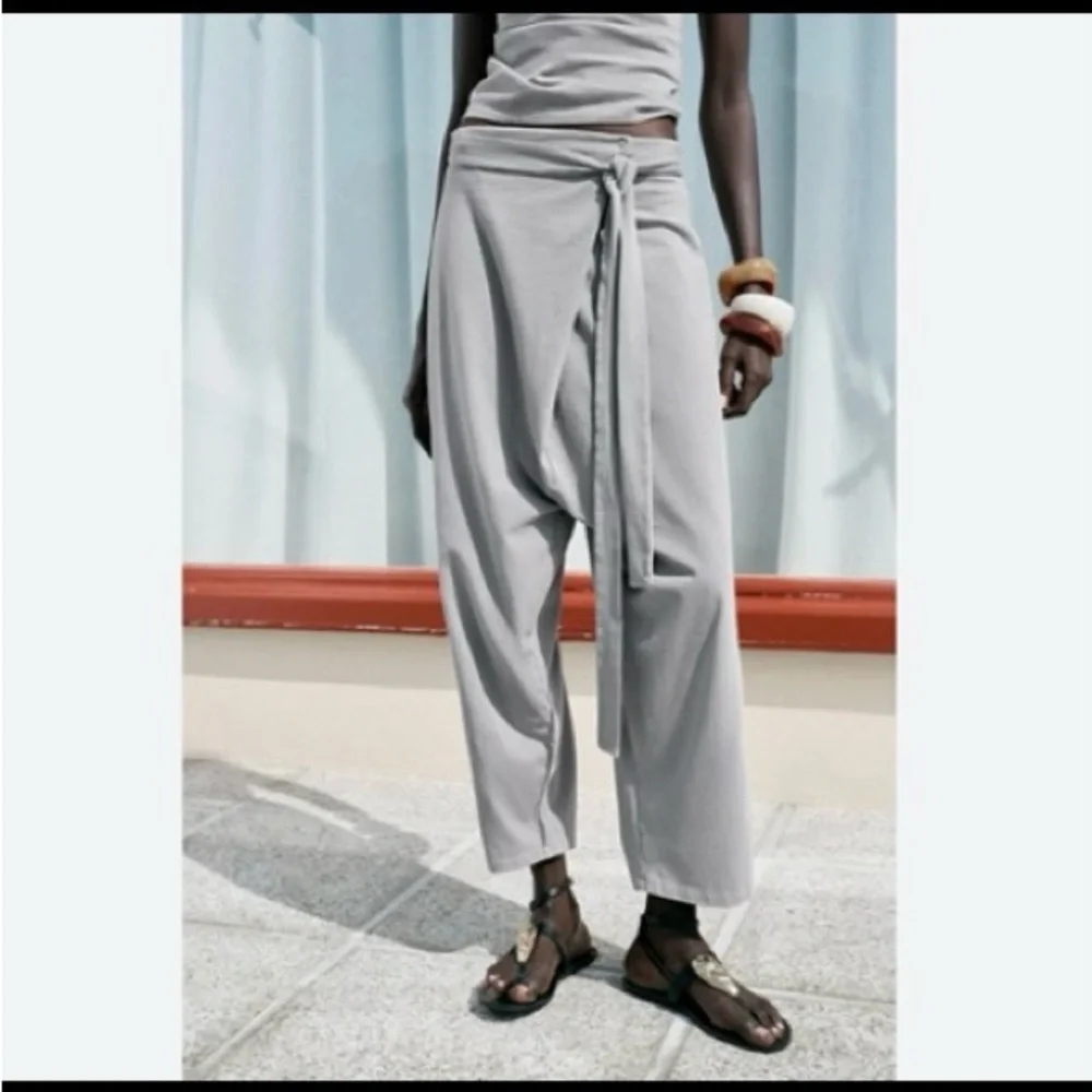 Zara Green Tie Waist Draped Drop Crotch 100% Cotton Harem Style Pants, NWT Sz M